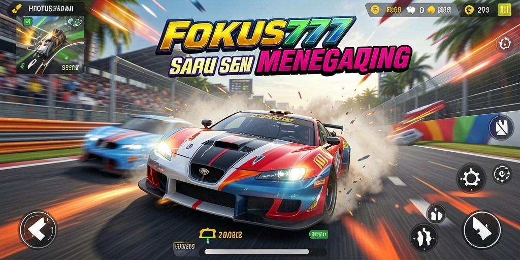 Screenshot utama FOKUS777 menampilkan tindakan balapan yang seru.
