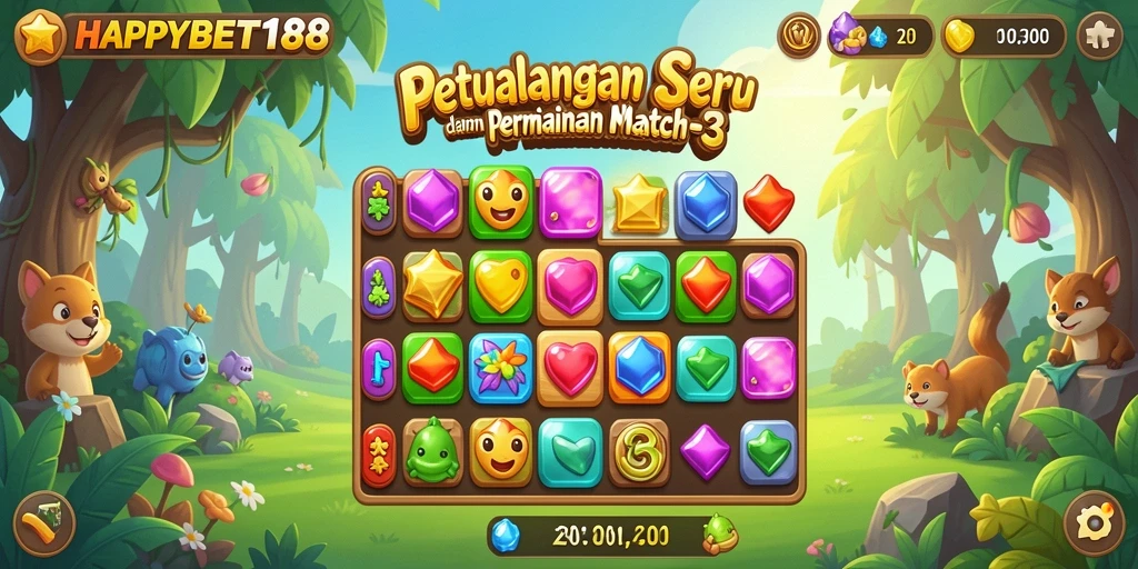 Screenshot utama menampilkan gameplay seru dari HAPPYBET188 dengan elemen match-3.