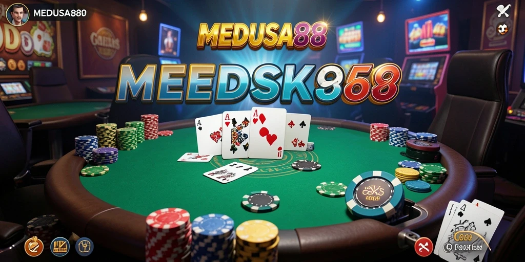 Tampilkan gameplay seru MEDUSA88 dengan pemain bersaing di meja Poker.