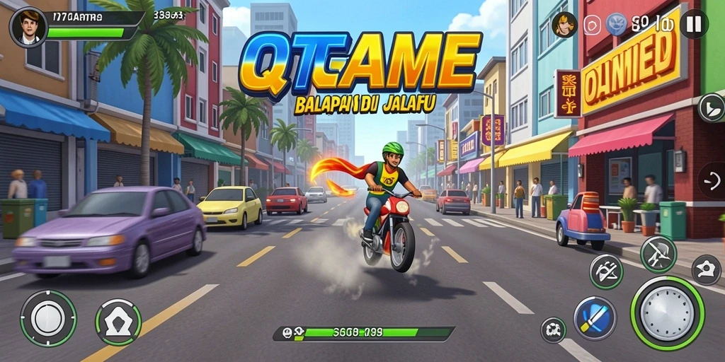 Tampilan gameplay seru dalam QTGAME saat balapan di trek yang menantang.