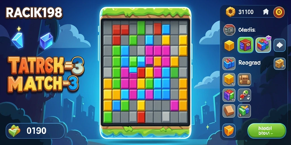 Screenshot utama menampilkan gameplay seru RACIK198 dengan elemen Match-3.