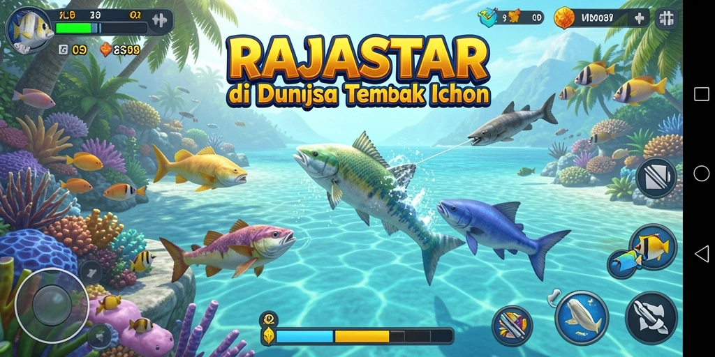 Screenshot peluncuran gameplay RAJASTAR yang menampilkan aksi menembak ikan.